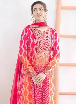 Rani pink & orange faux chinnon anarkali kurta with dupatta 3