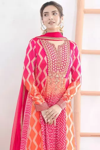 Rani pink & orange faux chinnon anarkali kurta with dupatta