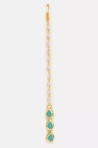 Turquoise blue pearl chain maang tikka
