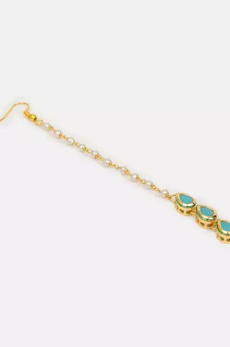 Turquoise blue pearl chain maang tikka