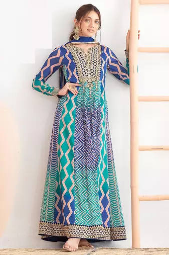 Blue & turquoise faux chinnon anarkali kurta with dupatta