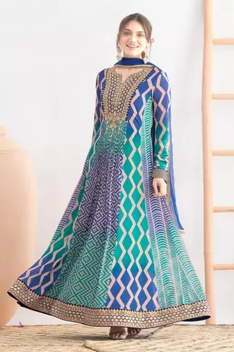 Blue & turquoise faux chinnon anarkali kurta with dupatta