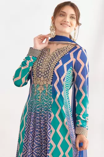 Blue & turquoise faux chinnon anarkali kurta with dupatta