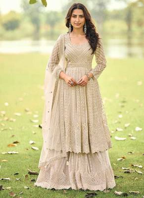 Beige net embroidered readymade anarkali dress with palazzo & dupatta 1