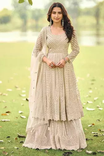 Beige net embroidered readymade anarkali dress with palazzo & dupatta