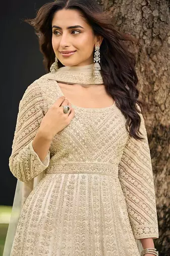 Beige net embroidered readymade anarkali dress with palazzo & dupatta