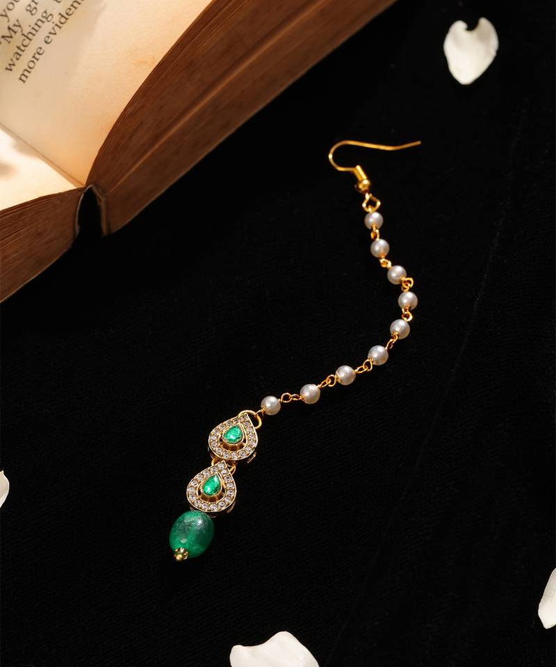 Green kundan floral teardrop maang tikka