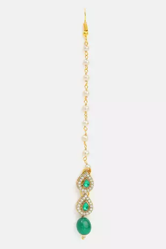 Green kundan floral teardrop maang tikka