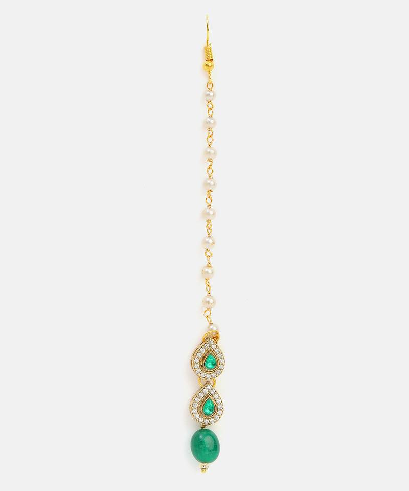 Green kundan floral teardrop maang tikka