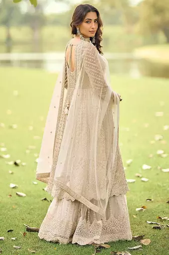 Beige net embroidered readymade anarkali dress with palazzo & dupatta