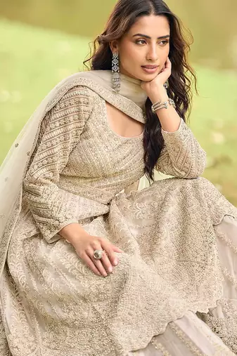 Beige net embroidered readymade anarkali dress with palazzo & dupatta