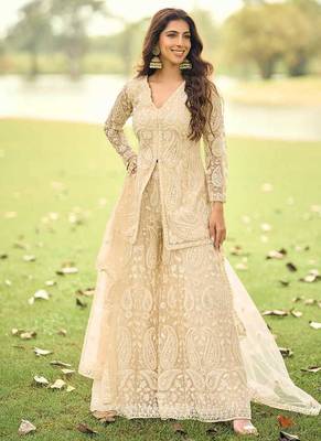 Cream net embroidered readymade front slit short kurti with palazzo & dupatta 1