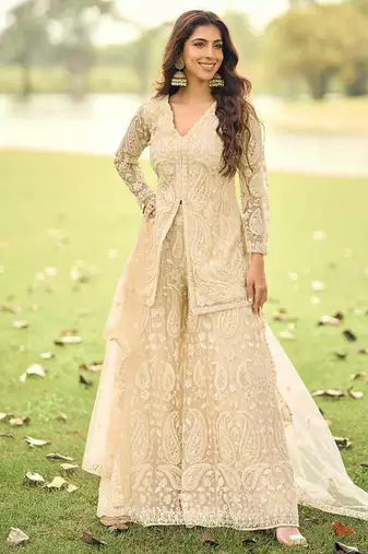 Cream net embroidered readymade front slit short kurti with palazzo & dupatta