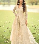 Cream net embroidered readymade front slit short kurti with palazzo & dupatta