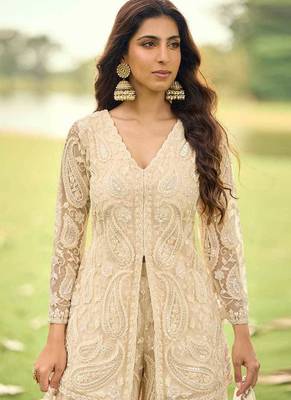 Cream net embroidered readymade front slit short kurti with palazzo & dupatta 2