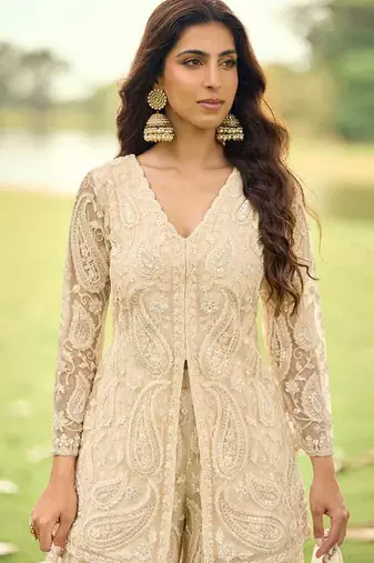 Cream net embroidered readymade front slit short kurti with palazzo & dupatta