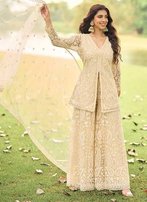 Cream net embroidered readymade front slit short kurti with palazzo & dupatta 3