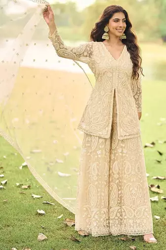 Cream net embroidered readymade front slit short kurti with palazzo & dupatta