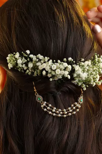 Green stone double layer pearl hair chain