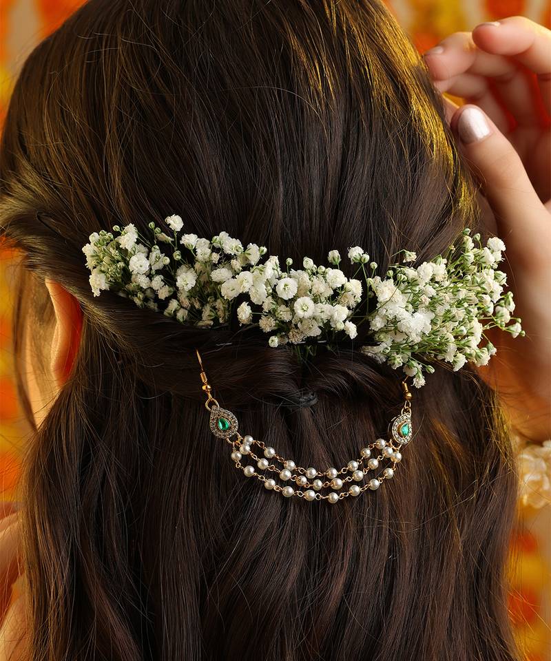 Green stone double layer pearl hair chain