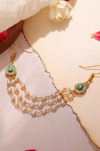 Green stone double layer pearl hair chain