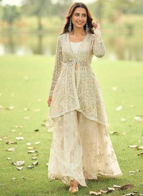 Off white net embroidered readymade palazzo suit with jacket 1