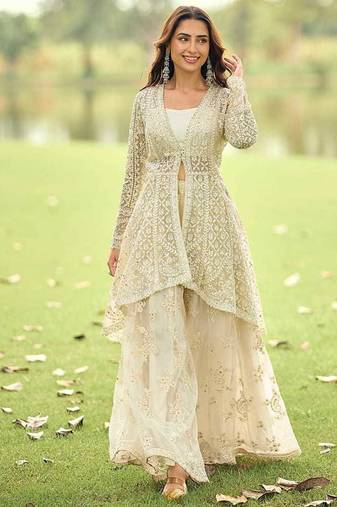 Off white net embroidered readymade palazzo suit with jacket