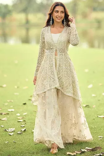 Off white net embroidered readymade palazzo suit with jacket