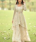 Off white net embroidered readymade palazzo suit with jacket