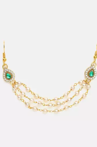 Green stone double layer pearl hair chain