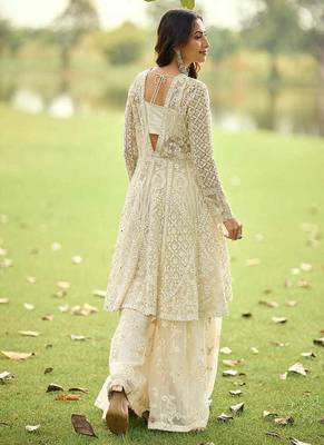 Off white net embroidered readymade palazzo suit with jacket 2
