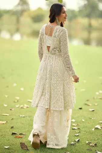Off white net embroidered readymade palazzo suit with jacket