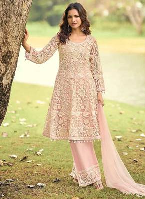 Light pink net embroidered readymade kurta palazzo set with dupatta 1