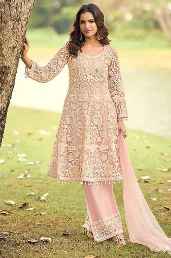 Light pink net embroidered readymade kurta palazzo set with dupatta