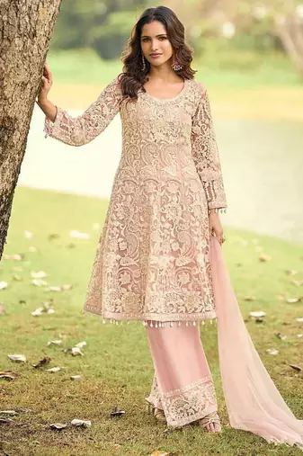 Light pink net embroidered readymade kurta palazzo set with dupatta
