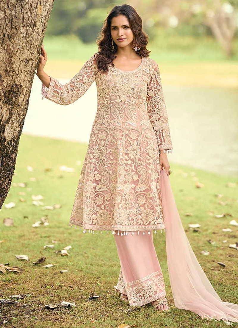 Light pink net embroidered readymade kurta palazzo set with dupatta