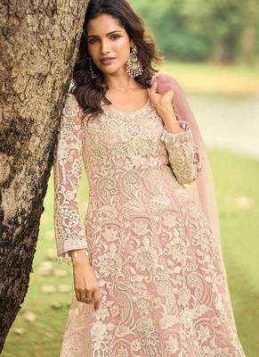 Light pink net embroidered readymade kurta palazzo set with dupatta 2