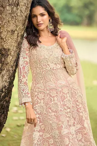 Light pink net embroidered readymade kurta palazzo set with dupatta