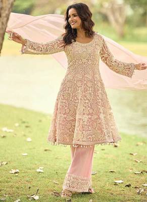 Light pink net embroidered readymade kurta palazzo set with dupatta 3
