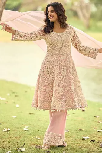 Light pink net embroidered readymade kurta palazzo set with dupatta