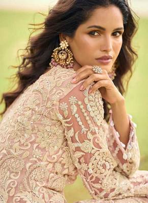 Light pink net embroidered readymade kurta palazzo set with dupatta 4