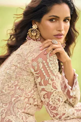 Light pink net embroidered readymade kurta palazzo set with dupatta