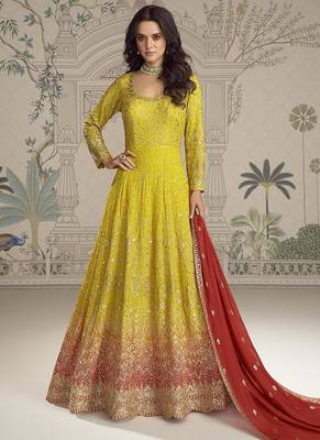 Yellow faux georgette embroidered readymade anarkali suit 1