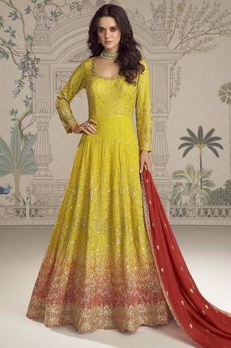 Yellow faux georgette embroidered readymade anarkali suit