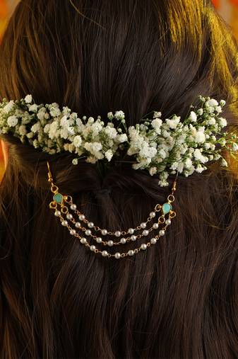 Mint green turquoise stone triple pearl hair chain