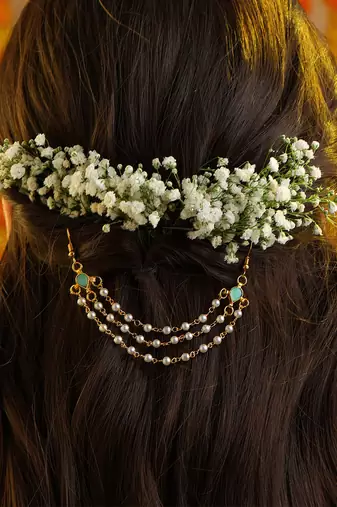 Mint green turquoise stone triple pearl hair chain