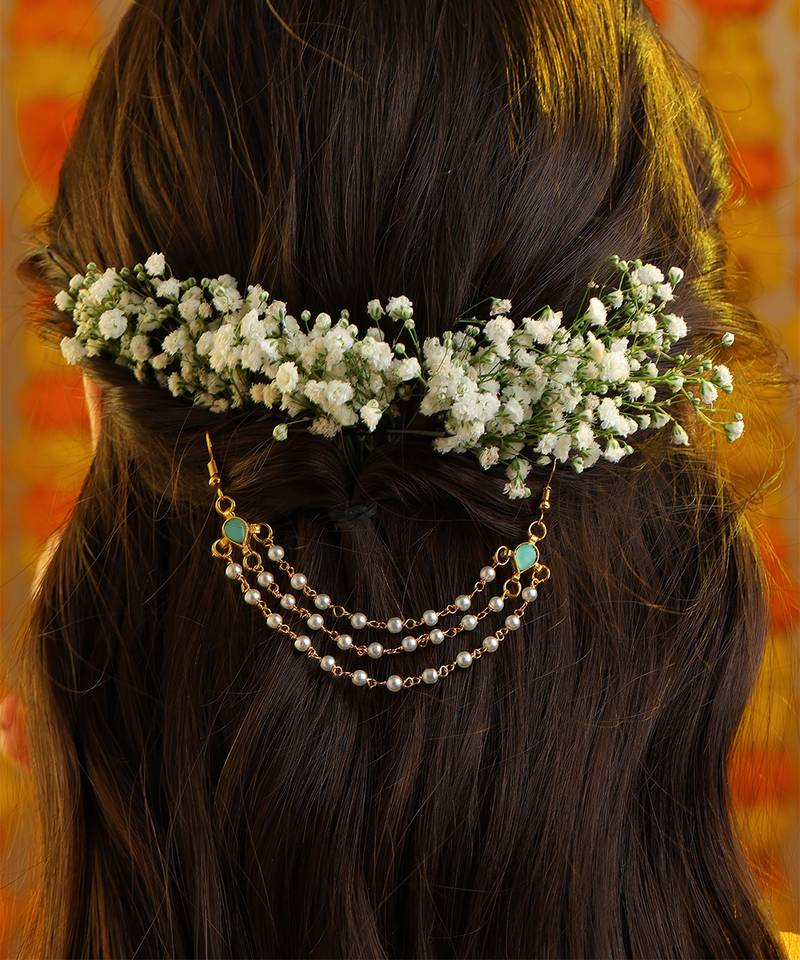 Mint green turquoise stone triple pearl hair chain