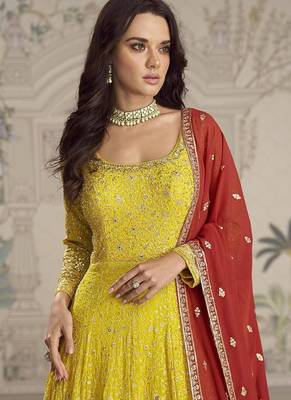 Yellow faux georgette embroidered readymade anarkali suit 2