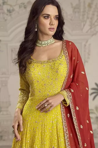 Yellow faux georgette embroidered readymade anarkali suit