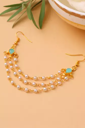 Mint green turquoise stone triple pearl hair chain